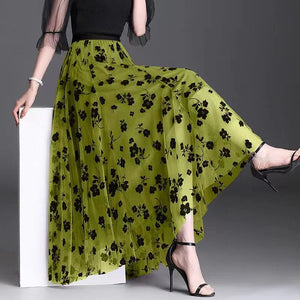 Mesh Floral Skirt For Women 2023 Autumn Winter Lace Flocking Fashion Big Swing Elastic High Waisted Elegant Mujer Party A-Line