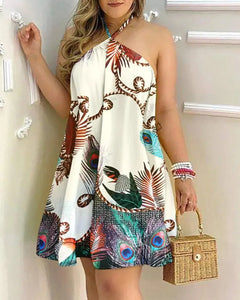 Tropical Print Halter Neck Dress, Vacation Style Backless Dress For Spring & Summer, Women's Clothing
