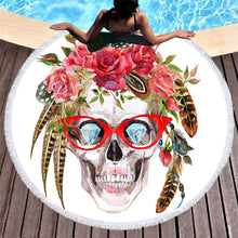 Load image into Gallery viewer, Boho Skull Floral Print Round Yoga Mat Print Tassel Summer Beach Towel