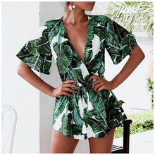 Load image into Gallery viewer, Green Leaves Tropical Floral Sleeves Fringes Bohemia Jumpsuit