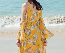 Load image into Gallery viewer, V-NECK  LONG-SLEEVE SPAGHETTI STRAPS FLORAL LONG DRESS