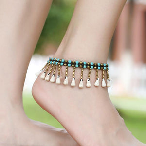 New Turquoise Water Drop Pendant Beach Anklet Thai Wax Line Handmade Woven Bohemian Footwear