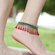 Load image into Gallery viewer, New Turquoise Water Drop Pendant Beach Anklet Thai Wax Line Handmade Woven Bohemian Footwear