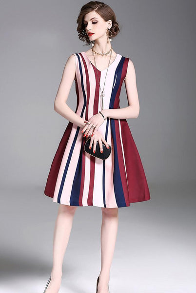 Stripe V Neck Sleeveless New Mini Dress