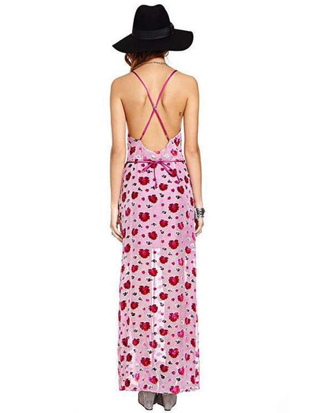 Floral Spaghetti-neck Split-front Backless V-neck Maxi Dress