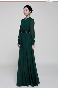 Stand-Up Collar Single-Breasted Long-Sleeved Large Swing Chiffon Mopping Dress