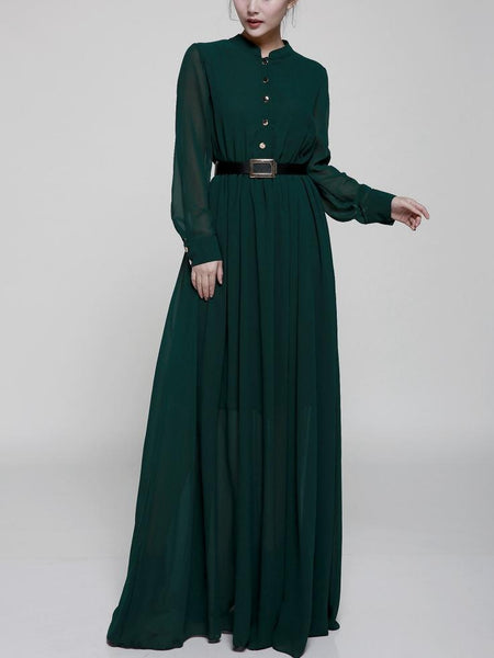 Stand-Up Collar Single-Breasted Long-Sleeved Large Swing Chiffon Mopping Dress