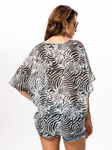 Fashion Black Stripe V Neck Shawl Cover-up Tops