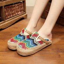 Load image into Gallery viewer, Colorful round toe shoes Thai handmade cloth shoes linen straw weaving art department college Style Slippers