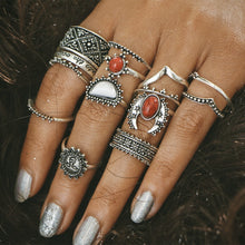 Load image into Gallery viewer, 14 pcs Vintage silver carved floral ring red &amp; white turquoise BOHO ring set