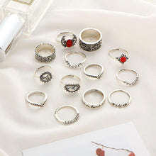 Load image into Gallery viewer, 14 pcs Vintage silver carved floral ring red &amp; white turquoise BOHO ring set