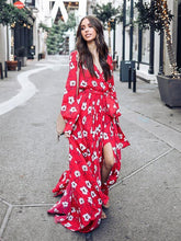 Load image into Gallery viewer, Floral Print V Neck Long Sleeve Belted Boho Maxi Long Dress