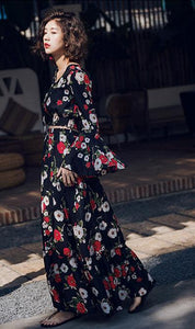 Floral Print Flare Sleeve Crop Top High Waist Maxi Skirt Two Pieces Set