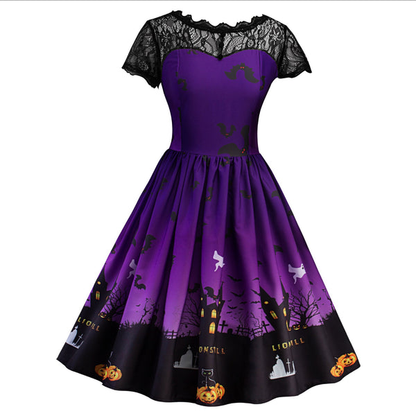 Women Short Sleeve Castle Pumpkin Halloween Lace Dress