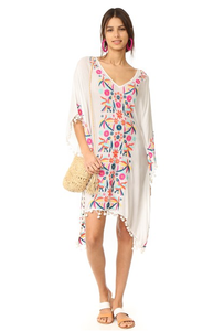 Floral Embroidered Beach Batwing Sleeve Boho Loose Cover-Up Dress