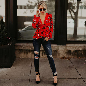 Floral Red Long Sleeve V-Neck Autumn Shirt Tops