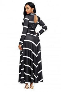 Stripe V Neck Long Sleeve High Waist Maxi Long Dress