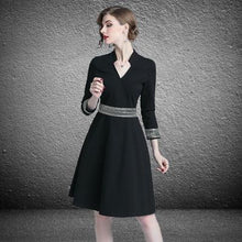 Load image into Gallery viewer, Autumn Black V-Neck Slim A-Line Skirt Midi Dress