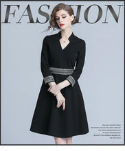 Load image into Gallery viewer, Autumn Black V-Neck Slim A-Line Skirt Midi Dress