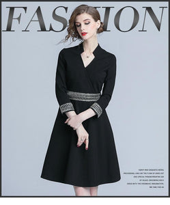 Autumn Black V-Neck Slim A-Line Skirt Midi Dress