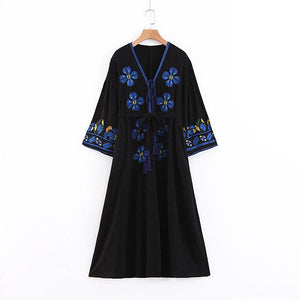 Boho Tassels Floral Embroidery V-neck Loose Long Dress