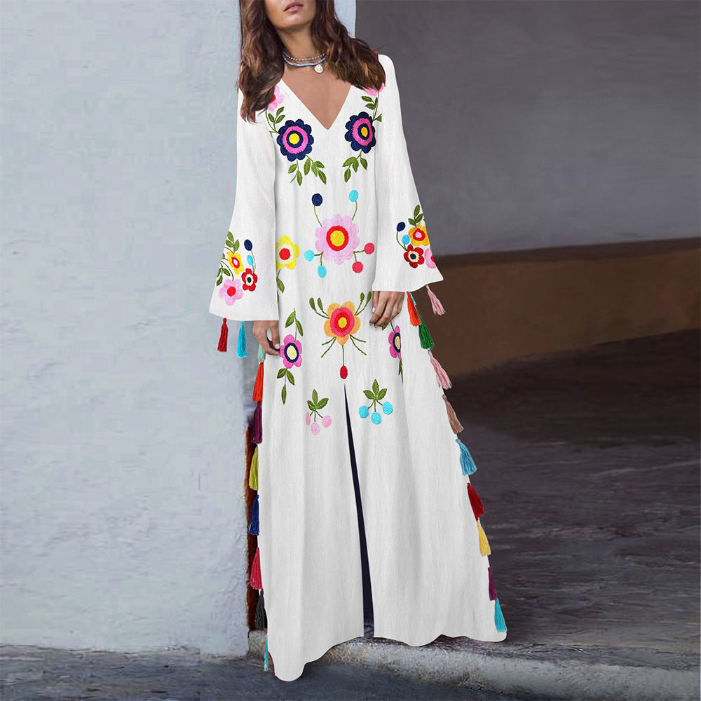 Retro Print V Neck Casual Long Dress