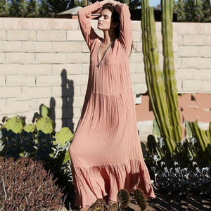 Autumn And Winter Vintage Long-Sleeved Bohemian Solid Color Beach Long Dress