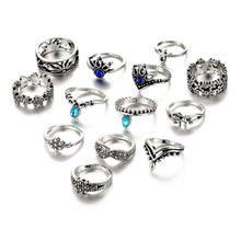 Load image into Gallery viewer, 13 pcs/set bohemia silver color knuckle rings set flower leaf pattern jewelry blue rhinestone rings accessories for Xmas