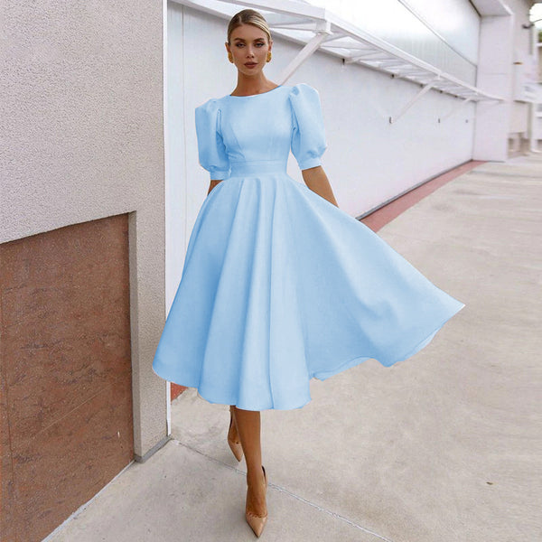 New Solid Color Slim Fit Women's Dress Sexy Big Swing Short Sleeve Middle Skirt Evening Dress