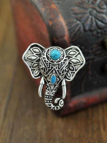 Vintage Elephant Head Alloy Finger Bohemian Lovely Blue Bead Ring