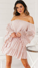 Load image into Gallery viewer, Sexy One-Shoulder Lace Stitching Trumpet Sleeves Off-Shoulder Dress