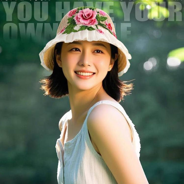 Ethnic Style Embroidery Flower Summer Visor White Brim Sun Hat Bucket Hat Sun Protection Knitted Hat