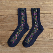 Load image into Gallery viewer, Twist Pattern Medium Tube Women's Literary Cotton Socks Ethnic Style Flower Dark Pattern Socks