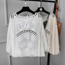 Load image into Gallery viewer, Spring/Summer Cotton Embroidered Lace Cardigan Short Bat Sleeves Loose Shawl 7/4 Sleeve Air Conditioning Sun Protection Cover Up