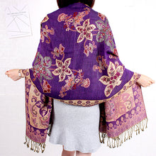 Load image into Gallery viewer, Ethnic Style Shawl Vintage Fringed Cheongsam Scarf Women&#39;s Purple Gold Flower Cashew Long Scarf