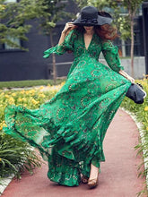 Load image into Gallery viewer, Bohemia Chiffon Green Flared Sleeves V-neck Maxi Dress