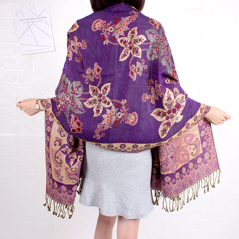 Ethnic Style Shawl Vintage Fringed Cheongsam Scarf Women's Purple Gold Flower Cashew Long Scarf