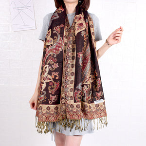 Ethnic Style Shawl Vintage Fringed Cheongsam Scarf Women's Purple Gold Flower Cashew Long Scarf