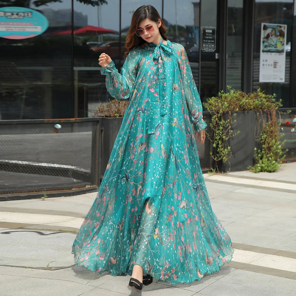 2023 New Arrives Chiffon Long Sleeve Floral Print Dress Boho Plus Size Women Beach Party Garden Maxi Dress Elegant Vestidos Robe