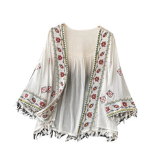 Load image into Gallery viewer, 2023 Summer Women&#39;s Shirt Bohemian Holiday Style Embroidered Tassel Chiffon Cardigan New Waist Female Slim Short Tops E015