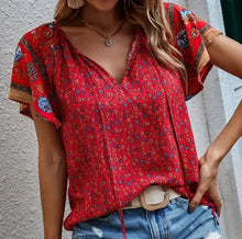 Load image into Gallery viewer, 2024 Summer Floral Print Blouses For Women Fashion V Neck Short Sleeve Boho Beach Casual Tops Female Elegant Shirt New Womenes