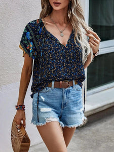 2024 Summer Floral Print Blouses For Women Fashion V Neck Short Sleeve Boho Beach Casual Tops Female Elegant Shirt New Womenes