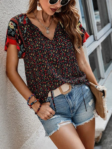 2024 Summer Floral Print Blouses For Women Fashion V Neck Short Sleeve Boho Beach Casual Tops Female Elegant Shirt New Womenes