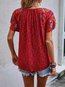 2024 Summer Floral Print Blouses For Women Fashion V Neck Short Sleeve Boho Beach Casual Tops Female Elegant Shirt New Womenes