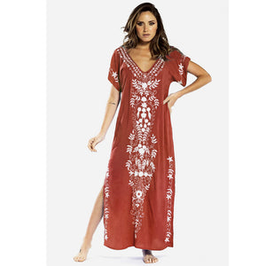 Artificial Cotton Embroidered Beach Cover Up, Long Robe Style Embroidered Dress, Beach Bikini Sun Protection Cover Up