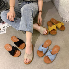 Load image into Gallery viewer, Summer Outerwear Flat Bottomed Cross Over Women&#39;s Slippers with One Line Suede Surface