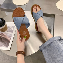 Load image into Gallery viewer, Summer Outerwear Flat Bottomed Cross Over Women&#39;s Slippers with One Line Suede Surface