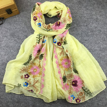 Load image into Gallery viewer, Embroidery Linen Flower Shawl Cotton and Linen Versatile Long Sunscreen Travel Scarf