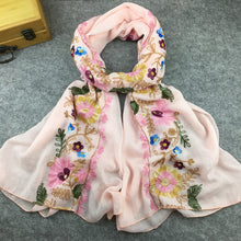 Load image into Gallery viewer, Embroidery Linen Flower Shawl Cotton and Linen Versatile Long Sunscreen Travel Scarf