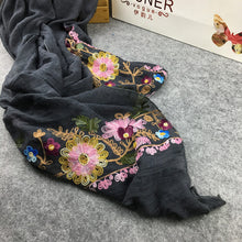 Load image into Gallery viewer, Embroidery Linen Flower Shawl Cotton and Linen Versatile Long Sunscreen Travel Scarf